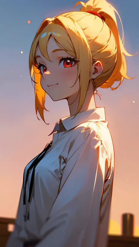 one girl、sharp focus、(Bokeh) (best quality) (Skin definition:1.3) (Detailed Details) (anime)、Age: 18、blonde ponytail、stupid hair、 beautiful red eyes 、smile、white shirt、slender body、from the side、upper body close-up、 golden hour sky