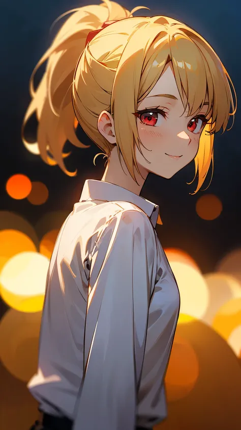 one girl、sharp focus、(Bokeh) (best quality) (Skin definition:1.3) (Detailed Details) (anime)、Age: 18、blonde ponytail、stupid hair、 beautiful red eyes 、smile、white shirt、slender body、from the side、upper body close-up、 golden hour sky