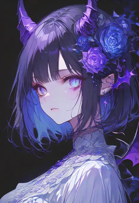 Devil Girl、midnight、Negative、black hair、Blue pupil、purple Devil's Horns,short hair, black background,