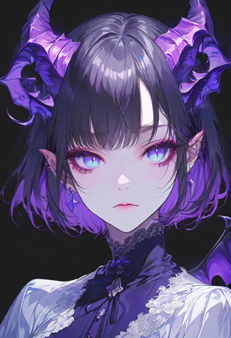 Devil Girl、midnight、Negative、black hair、Blue pupil、purple Devil's Horns,short hair, black background,