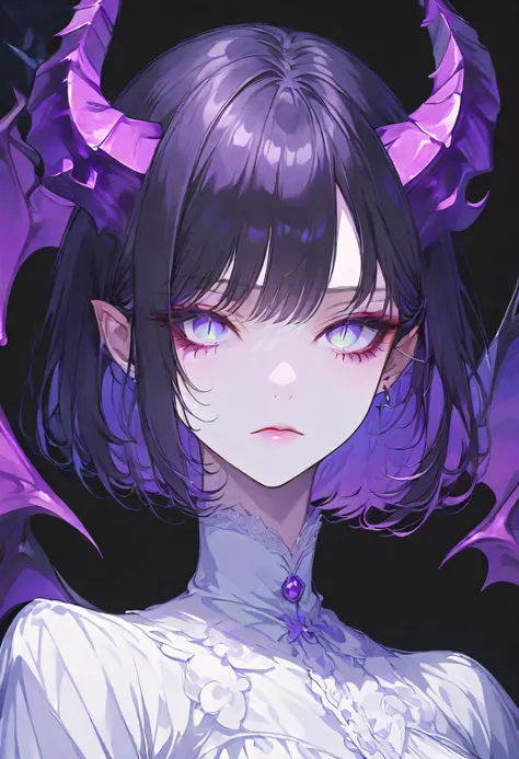 Devil Girl、midnight、Negative、black hair、Blue pupil、purple Devil's Horns,short hair, black background,