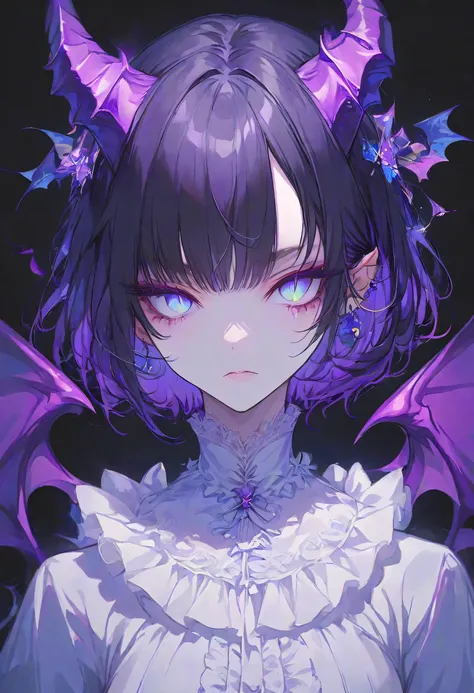 Devil Girl、midnight、Negative、black hair、Blue pupil、purple Devil's Horns,short hair, black background,