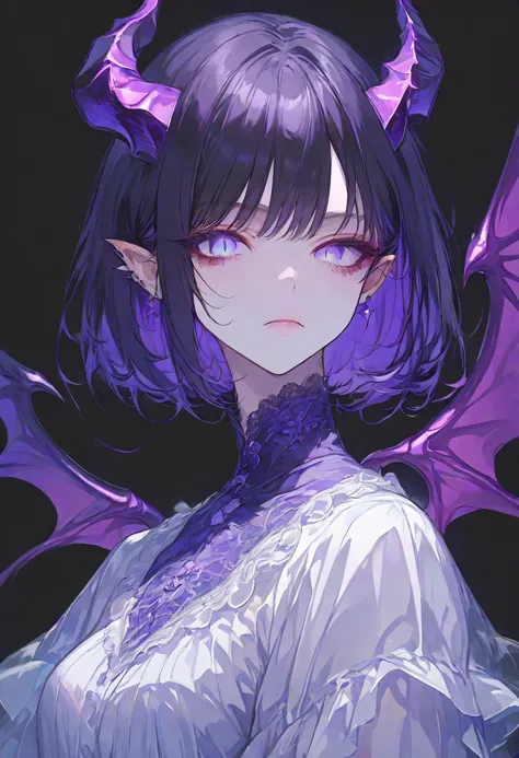 Devil Girl、midnight、Negative、black hair、Blue pupil、purple Devil's Horns,short hair, black background,