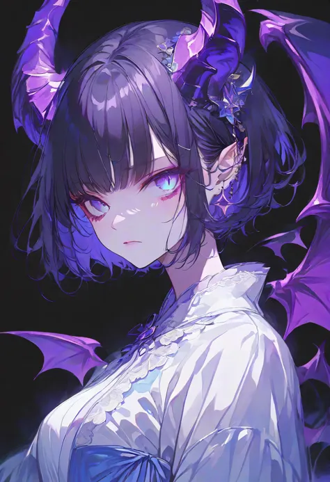 Devil Girl、midnight、Negative、black hair、Blue pupil、purple Devil's Horns,short hair, black background,