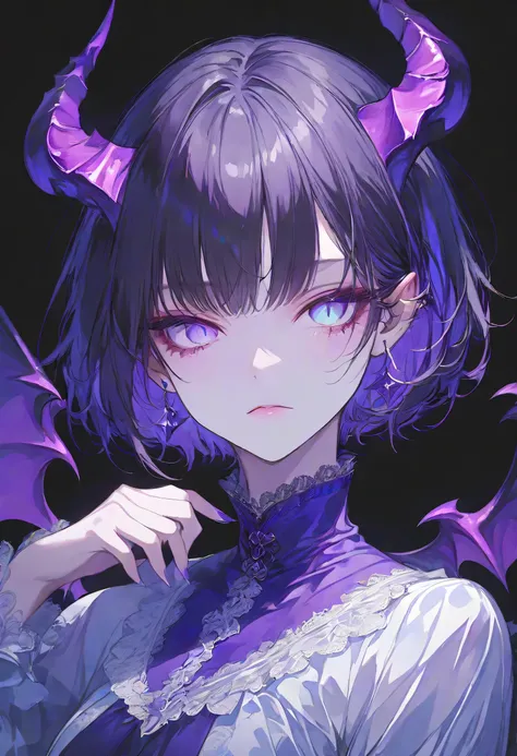 Devil Girl、midnight、Negative、black hair、Blue pupil、purple Devil's Horns,short hair, black background,