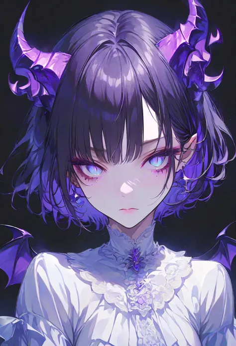 Devil Girl、midnight、Negative、black hair、Blue pupil、purple Devil's Horns,short hair, black background,