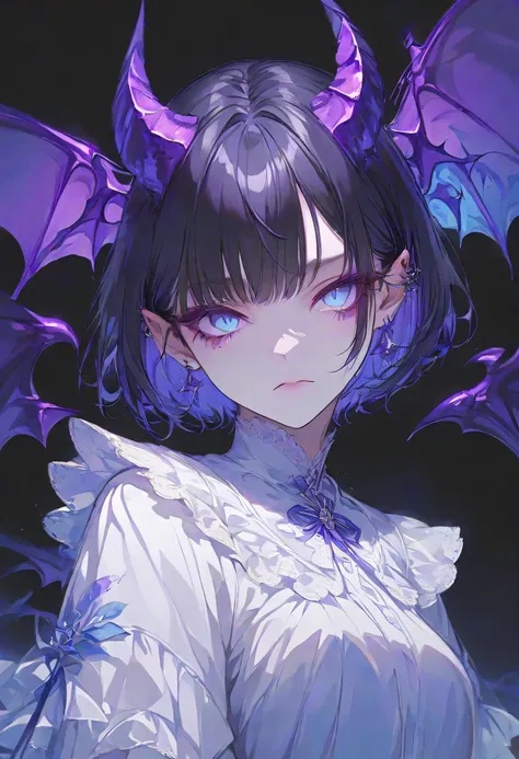 Devil Girl、midnight、Negative、black hair、Blue pupil、purple Devil's Horns,short hair, black background,