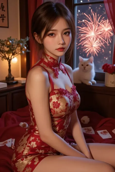 Cat ears、 face up, attractive, pretty girl, ponytail、 (( fine facial features , eroticism)), dramatic lighting , realistic , 8k, Dramatic Shadows , intricate and elaborate patterns , super detailed photo , chiaroscuro lighting , Pleasant colors , deep cont...