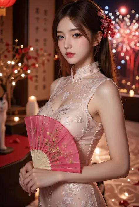 Cat ears、 face up, attractive, pretty girl, ponytail、 (( fine facial features , eroticism)), dramatic lighting , realistic , 8k, Dramatic Shadows , intricate and elaborate patterns , super detailed photo , chiaroscuro lighting , Pleasant colors , deep cont...