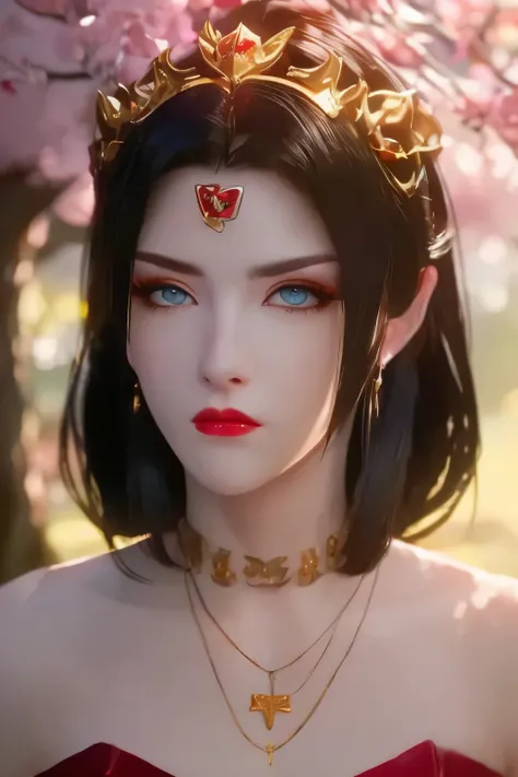 One 20 year old girl, breast 1.1, navel,upper body,bare shoulders,wears red tube top,red skirt, blue gems,shiny skin,hand in own hair,(mature female),milf,cai lin, deep blue eyes, jet black long hair, 8k resolution high quality,background: around the garde...