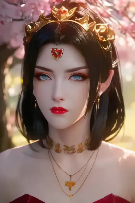 One 20 year old girl, breast 1.1, navel,upper body,bare shoulders,wears red tube top,red skirt, blue gems,shiny skin,hand in own hair,(mature female),milf,cai lin, deep blue eyes, jet black long hair, 8k resolution high quality,background: around the garde...