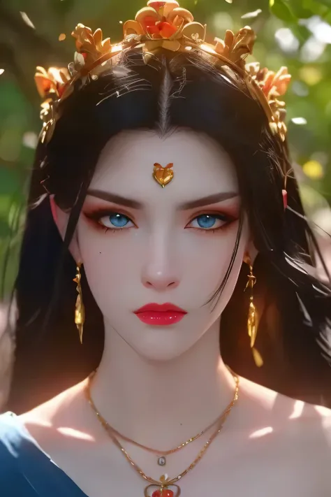 One 20 year old girl, breast 1.1, navel,upper body,bare shoulders,wears red tube top,red skirt, blue gems,shiny skin,hand in own hair,(mature female),milf,cai lin, deep blue eyes, jet black long hair, 8k resolution high quality,background: around the garde...
