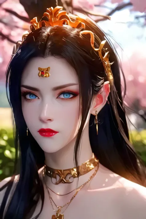 One 20 year old girl, breast 1.1, navel,upper body,bare shoulders,wears red tube top,red skirt, blue gems,shiny skin,hand in own hair,(mature female),milf,cai lin, deep blue eyes, jet black long hair, 8k resolution high quality,background: around the garde...