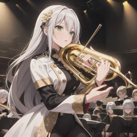 Depict a 20-year-old, dazzlingly beautiful woman playing a brass instrument in a grand concert hall. She wears an elegant yet practical band uniform, designed with intricate gold embroidery. Her posture is poised, fingers positioned with precision, her eye...