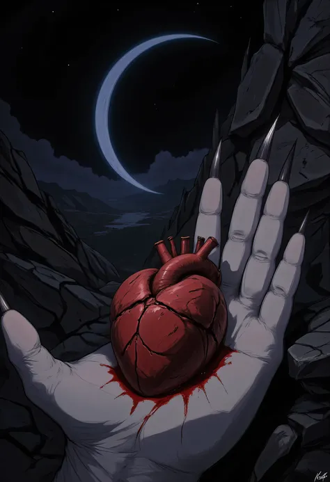 here is a bleeding human heart sitting in the palm of a icy white, well manicured, palm, the palm have black demonic fingernails, there are blue moon and stars in the background, aidmaDarkGothicAnime