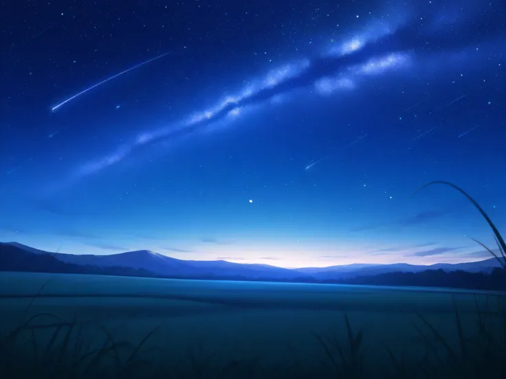 anime scene landscape starry blue sky midnight and grassy field