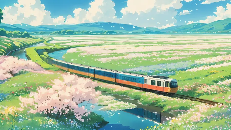 A long train runs on a railway floating in the middle of the river，Drive far，The two sides of the river are places where flowers are blooming, and tiny white butterflies are flying in the grass ，Under the blue sky，Clouds drift through  ，
