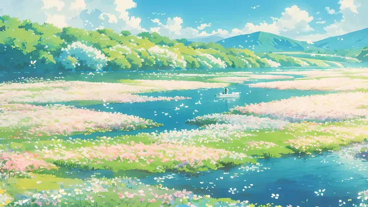 A long train on a wide surface of water，Drive far，The two sides of the river are places where flowers are blooming, and tiny white butterflies are flying in the grass ，Under the blue sky，Clouds drift through  ，