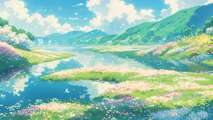 A long train on a wide surface of water，Drive far，The two sides of the river are places where flowers are blooming, and tiny white butterflies are flying in the grass ，Under the blue sky，Clouds drift through  ，