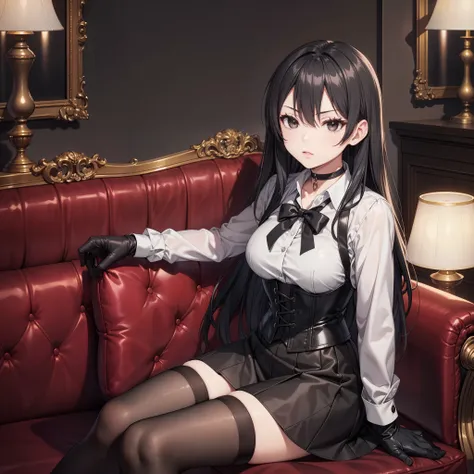 Masterpiece, beautiful art, professional artist, 8K, sciamano240 art style, very detailed face, detailed clothing, Detailed fabric, (A young girl of short stature), sitting on a couch, perfectly drawn body , beautiful face, closed lip vest, (long black ...