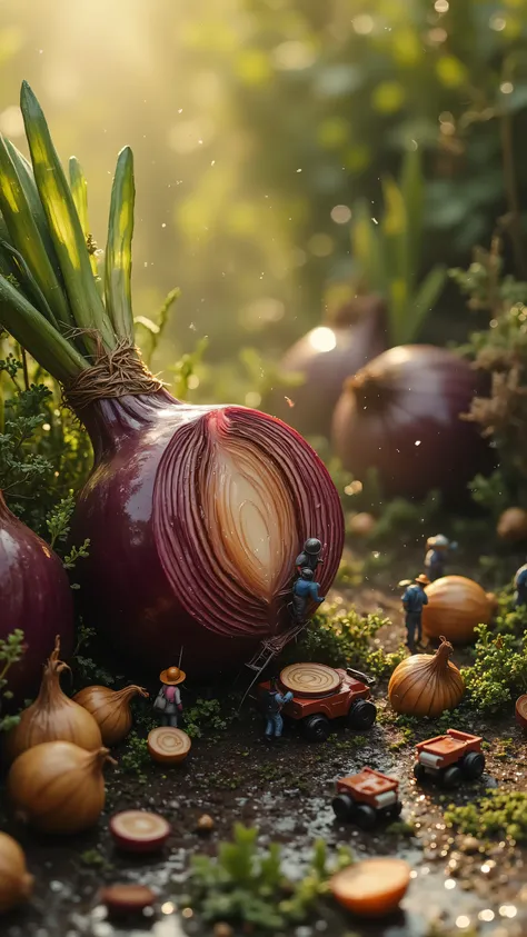 Microscopic farming documentary,8K Ultra HD close-up:giant onion profile reveals translucent concentric texture,shedding crystal juice,miniature farmers wearing safety ropes climbing the incision edge,use a vibrating cutter to accurately separate the fiber...