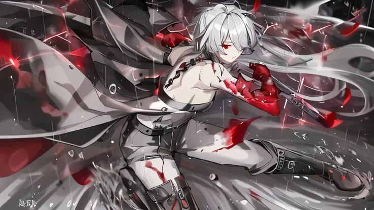 A man like this image、uniform、Gray Hair、black long pants、 grey background、An arm stained with dirt、knife、red eyes、black clothes