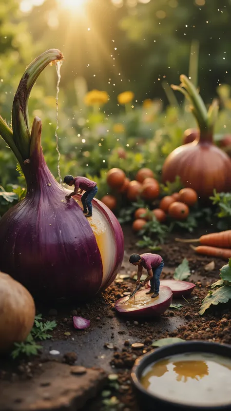 Microscopic farming realism, 8K ultra-detailed: Giant onion with translucent layered textures and glistening juice on cut surface, tiny farmers using bamboo ladders with micro-tools slicing fibrous layers, distant counterparts harvesting mini carrots in fo...