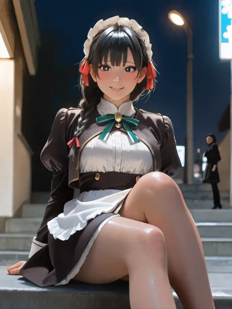 score_9,score_8_up,score_7_up, ((Best quality, 8k, Masterpiece :1.3)), (realistic, photorealistic:1.4), A pretty yuki yokoya with perfect figure:1.4, full body shot, sitting poses, realistic skin, bright pupils, black hair, hair ribbon, white apron, braids...
