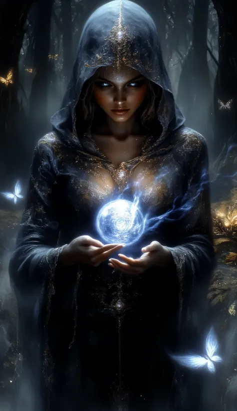 Create a fantasy scene featuring young woman with short blonde-gold hair, wearing a dark hooded robe with intricate golden embroidery. She should be holding a glowing orb with a mystical symbol in the center. Surround her with a dark, enchanted forest with...
