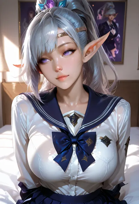 ultra detailed photography portrait half body, perfect cute face , absolutely resolution, masterpiece. background. 
Elf miya mobile legends , perfect face , detailed sexy body proportion, large breasts, wear school uniform . Realistic skin, dark purple eye...