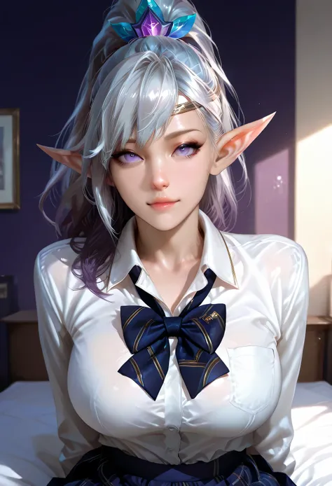 ultra detailed photography portrait half body, perfect cute face , absolutely resolution, masterpiece. background. 
Elf miya mobile legends , perfect face , detailed sexy body proportion, large breasts, wear winter school uniform . Realistic skin, dark pur...