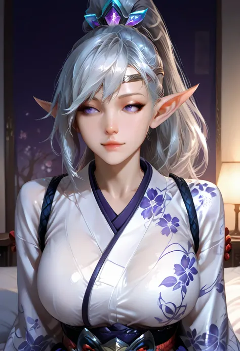 ultra detailed photography portrait half body, perfect cute face , absolutely resolution, masterpiece. background. 
Elf miya mobile legends , perfect face , detailed sexy body proportion, large breasts, wear kimono . Realistic skin, dark purple eyes. Detai...