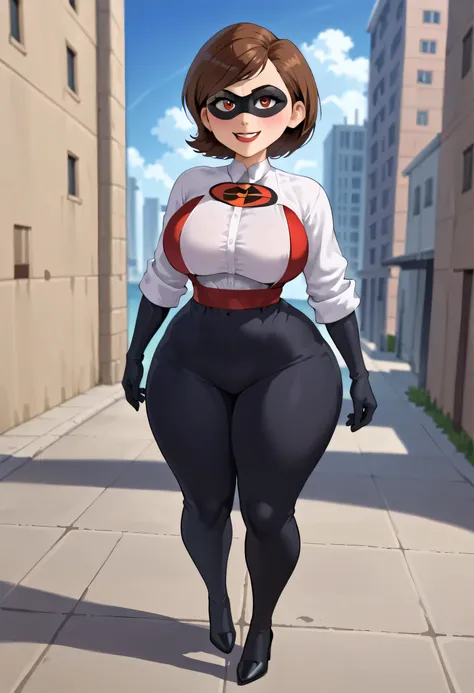  check_9,  check_8_up,  check_7_up, 3eraser g1rl ,1 girl,One , brown hair, short hair, domino mask, red,  black gloves , seals, Looking at the viewer,  smile, narrowed eyes,  BIG BREASTS,  sideboob, wide hips,  thick hips , duration,full body,  outdoor,wha...