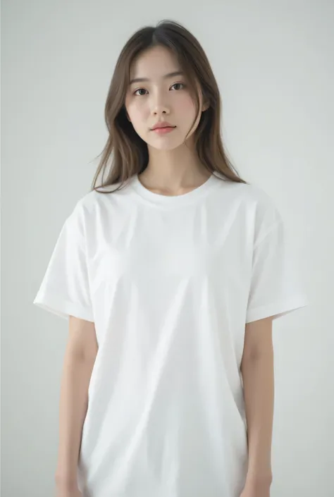 female、I'm wearing a thick plain white t-shirt、 plain background、full body