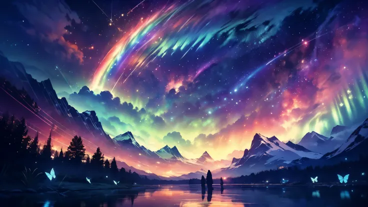 rainbow,超high image quality,high image quality,high quality of wavy lines,Enchanted Mysterious Forest , (Lots of Neon Colored Butterflies),Solemn Atmosphere, Pure blue water river fountain, Golden Mini Fairy, (((emits fluorescent blue, lots of succinants A...