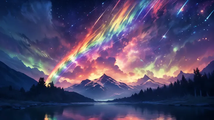 rainbow,超high image quality,high image quality,high quality of wavy lines,Enchanted Mysterious Forest , (Lots of Neon Colored Butterflies),Solemn Atmosphere, Pure blue water river fountain, Golden Mini Fairy, (((emits fluorescent blue, lots of succinants A...