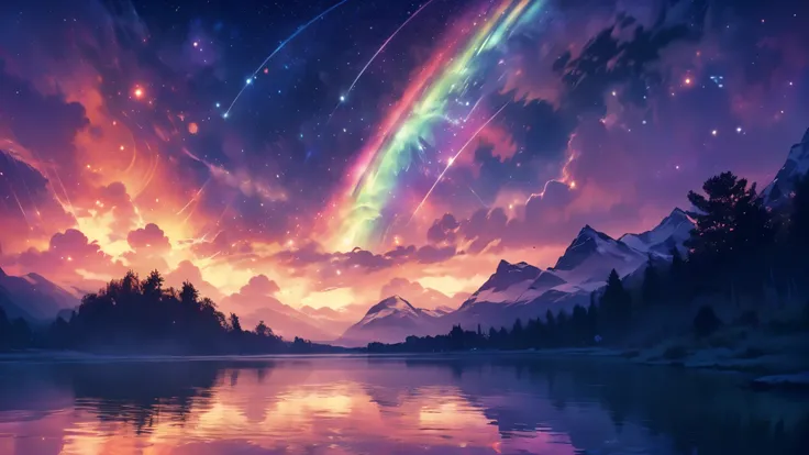 rainbow,超high image quality,high image quality,high quality of wavy lines,Enchanted Mysterious Forest , (Lots of Neon Colored Butterflies),Solemn Atmosphere, Pure blue water river fountain, Golden Mini Fairy, (((emits fluorescent blue, lots of succinants A...