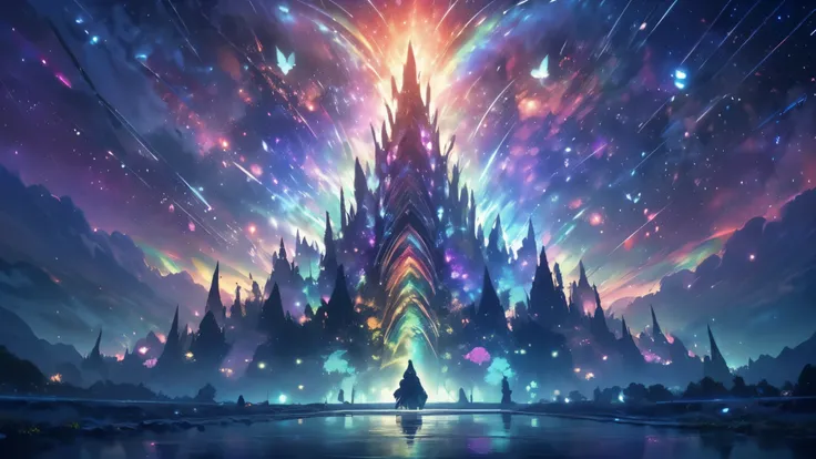 rainbow,超high image quality,high image quality,high quality of wavy lines,Enchanted Mysterious Forest , (Lots of Neon Colored Butterflies),Solemn Atmosphere, Pure blue water river fountain, Golden Mini Fairy, (((emits fluorescent blue, lots of succinants A...