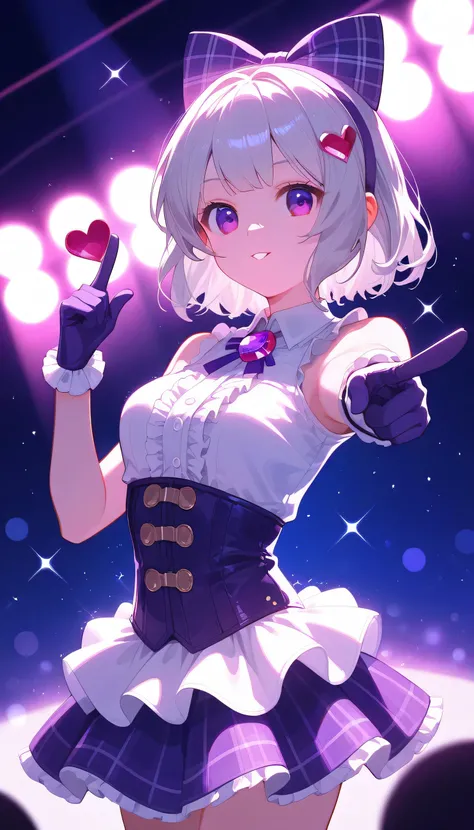 (masterpiece), BEST QUALITY, high resolution, very detailed, detailed background, cineminic lighting, on fe_in_viewer, 1 girl, silver hair,  medium hair, medium chest, purple eye, idol, purple white idol clothes, Underbust, stage, glove stick, stage lights...