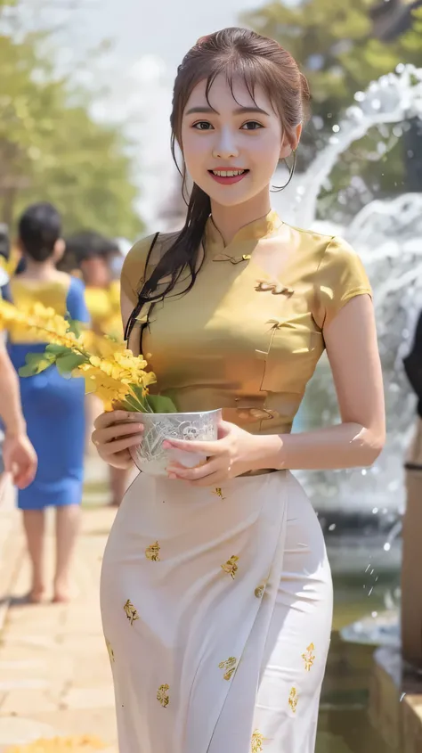 Burmese girl with attractive curvy full body.  Friends full-length bikini,( Gold,white,grey ) (blue 💙 dress) Burma's long-lasting body is full of sensuality, and the beauty of the body She has the prettiest smile on her face, highlighting her wet beauty an...