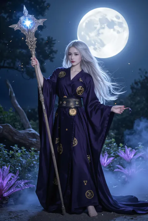 A powerful sorceress standing under the glowing full moon, holding an intricately carved magic wand radiating mystical energy. She wears a flowing dark purple robe with golden arcane symbols, and her piercing eyes shine with magical wisdom. Ethereal blue a...