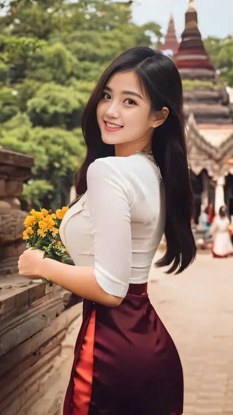 Beautiful and elegant, young Burmese woman, 20 years old, smiling face, happy eyes, pleasant smile, curvy body, not short, not tall, beautiful Burmese dress, long hair, fair skin, high hips, world record-breaking Pagoda pagodas as a natural background, hig...