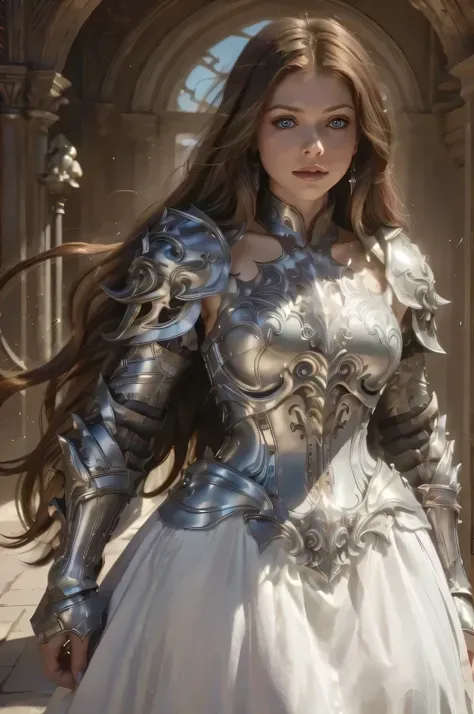 elegant female knight with a gigantic very detailed royal dress and heavy full armor, sharp-focus, very detailed Michelle Trachtenberg face, divine aura, very long smooth dark hair, light eyes, slim body, white royal gown, heavy armor robe, heavy silver ar...