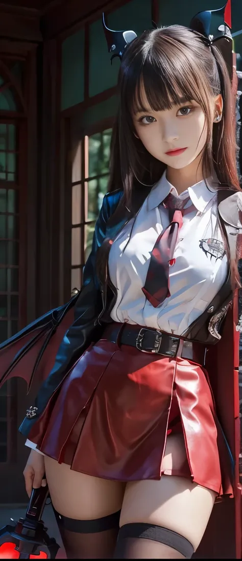 cool nightmare idol girl、A pure girl's face、 hypo、 red miniskirt uniform that's giving a cool kick、SHIRT WITH TIE、vampire belt、Glowing bat chainsaw、Resplendent Haunted House