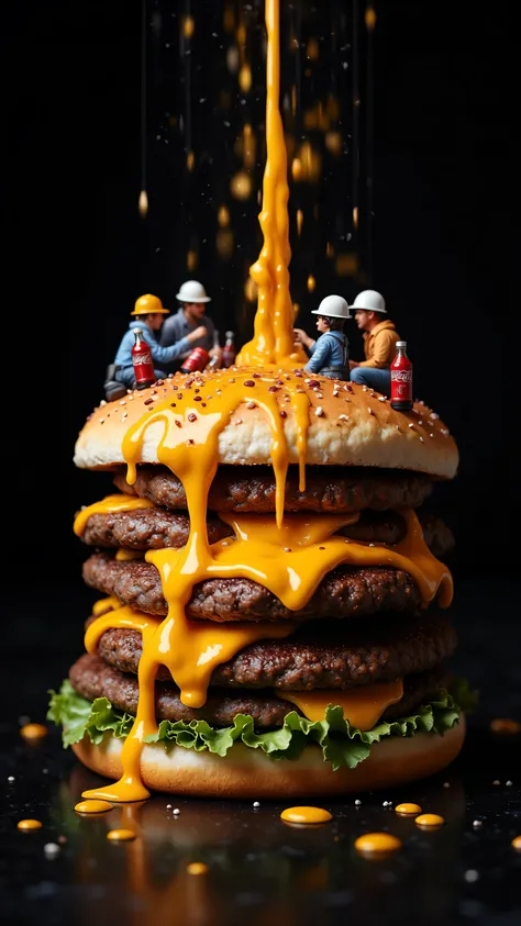 Ultra-detailed macro cosmos, a colossal hamburger flowing with molten cheese waterfalls and shimmering stardust sesame seeds dominates the visual core, tower-crane-style sauce machinery erupts magma-like cheese rivers onto the beef patty, legions of micro ...