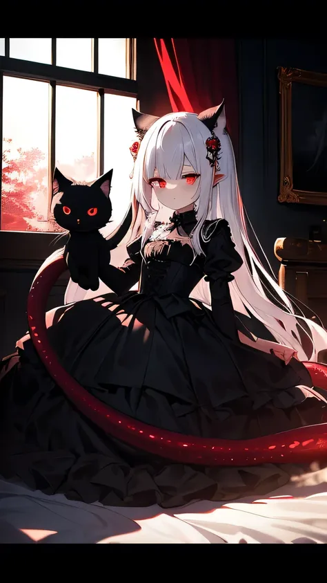masterpiece、high definition、Vertical illustration、Dark Fantasy、An elegant Gothic-style decorative frame、Little character gothic girl(Long, fluffy white hair、red eyes、A black and white frilly dress、wears a hair ornament that looks like an octopus tentacle)、...