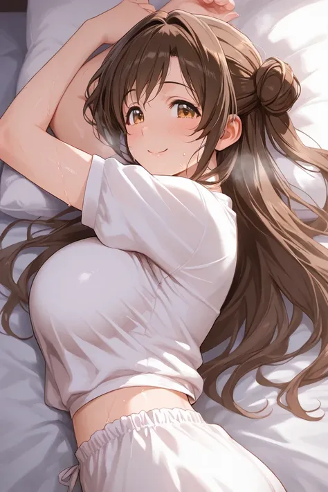 from side shoot, upper body, 1girl, uzuki shimamura, brown hair, brown eyes, lying on bed, looking to viewer, beaming smile, training white shirts, bloomers, sweat, steam from body, (absurdres, masterpiece, 8K)