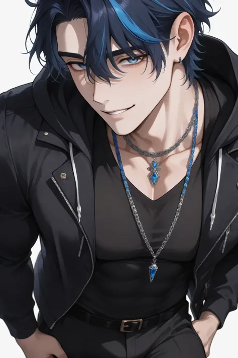 1 man, adult, solo, male focus, (streaked hair:1.5), dark blue hair, blue hair, short hair, blue eyes, cool large shirt, black shirt, necklaces, muscular, sexy man, handsome, solo, mature, handsome, sexy man, sensual, pale skin, lean, muscular, cool, high ...
