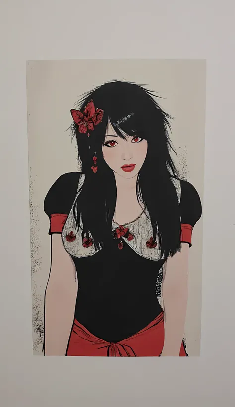 dispassionate ,,(Dark fantasy),(( wonderful illustration )),(Detailed splash ), long black hair, red pupils are visible, girl,  pure black dress , [only collar,  The cuffs and skirt are dark red ,  ears attached to the side red butterfly barrette, Masterpi...