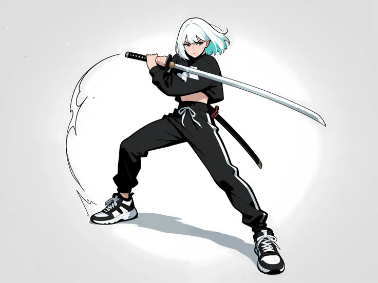 Anime men, thick, clear line, Dynamic poses ,streetwear, katana